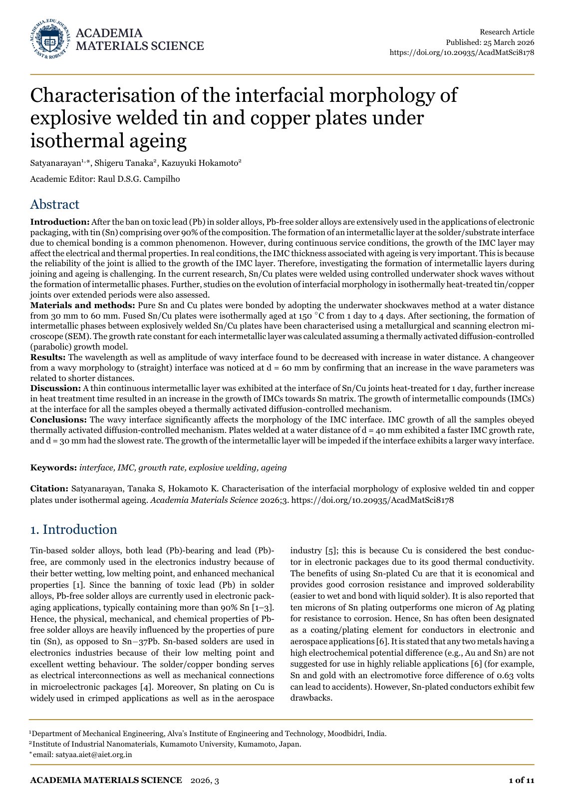 First page of Characterisation of the interfacial morphology of explosive welded tin and copper plates under isothermal ageing