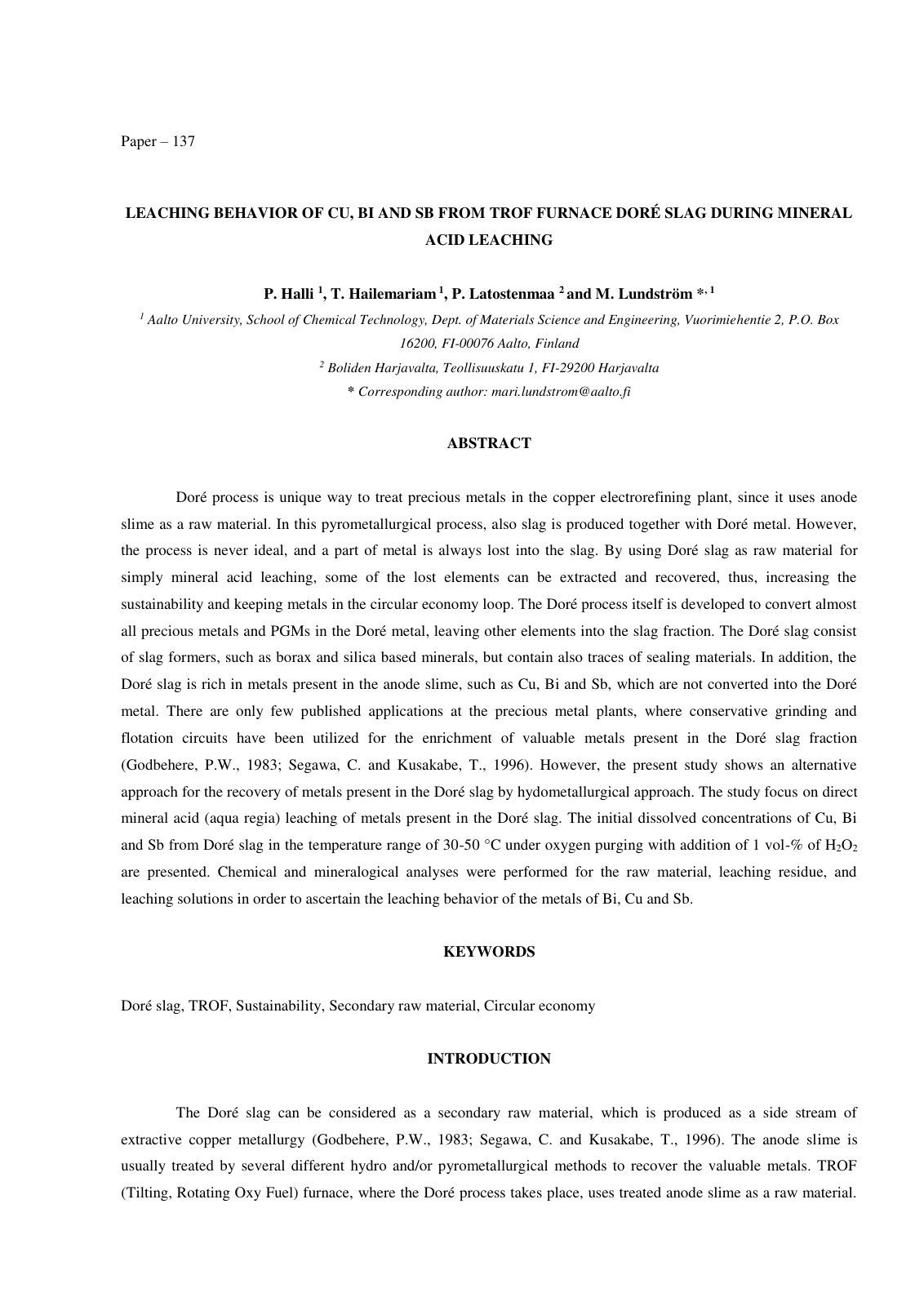 First page of LEACHING BEHAVIOR OF CU, BI AND SB FROM TROF FURNACE DORÉ SLAG DURING MINERAL ACID LEACHING