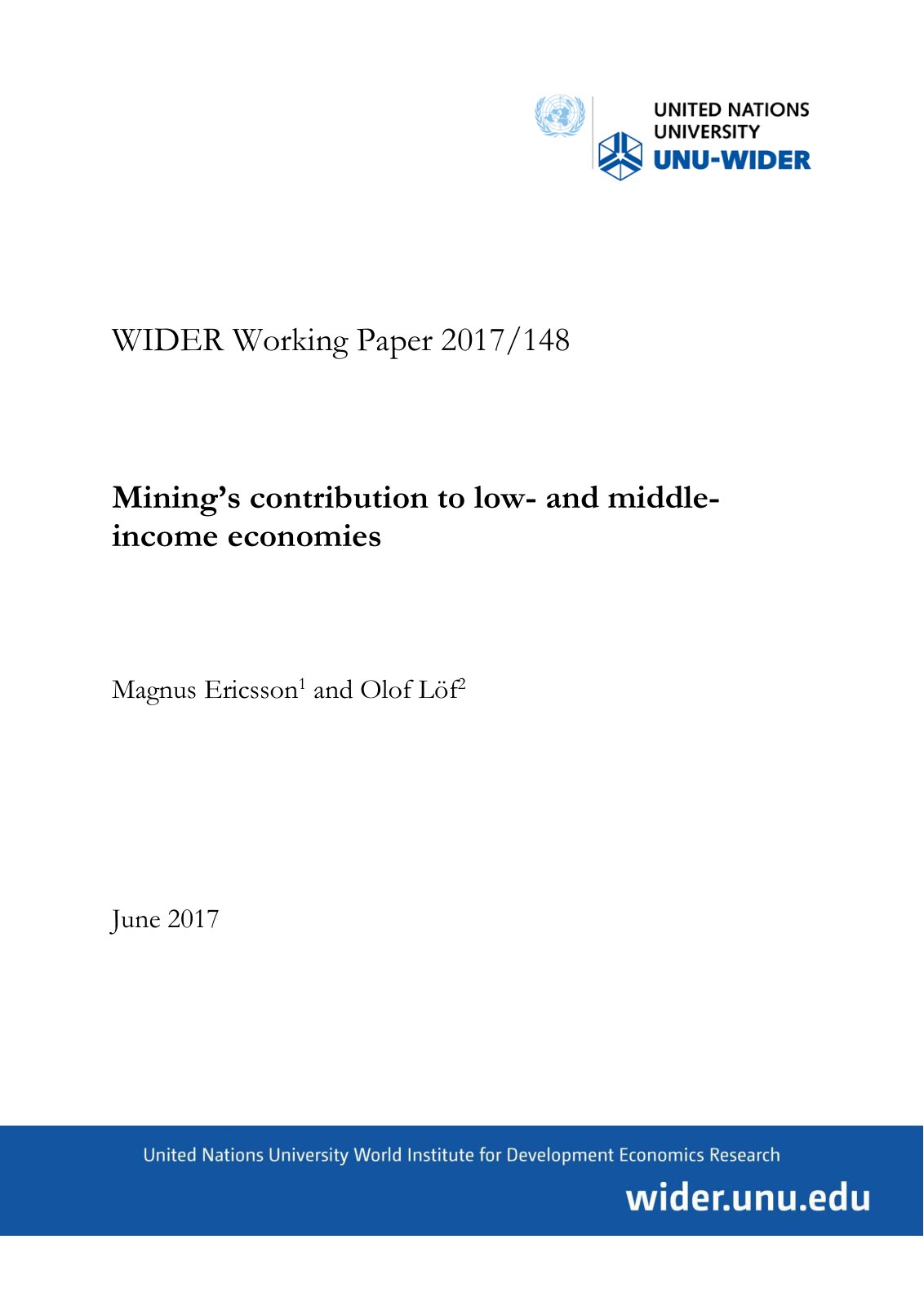 First page of WIDER Working Paper 2017 148 Minings con