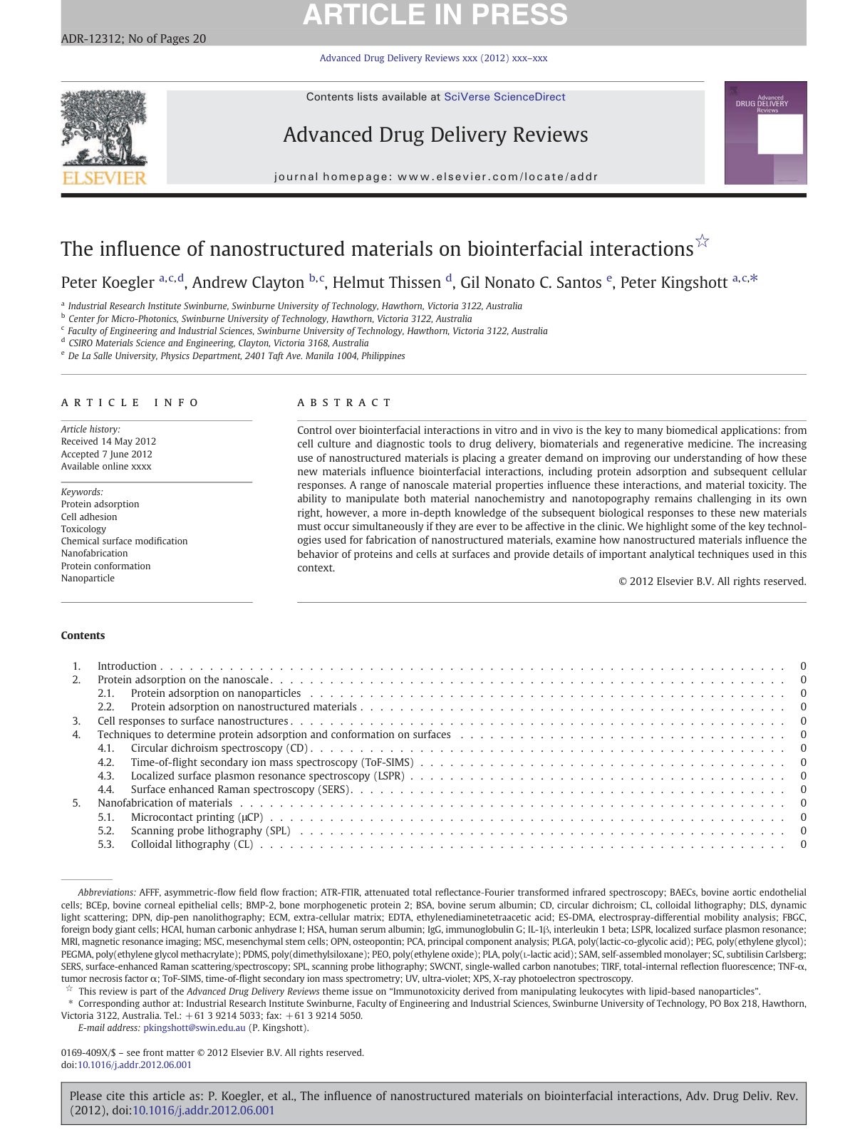 First page of The influence of nanostructured materials on biointerfacial interactions