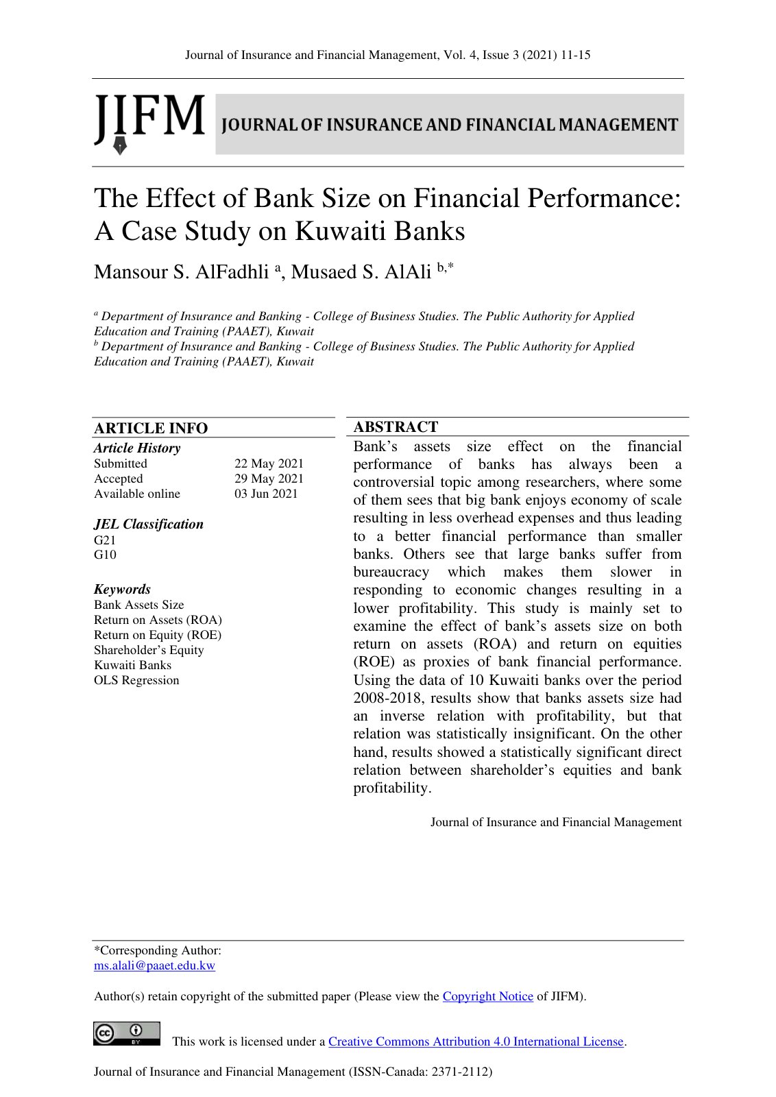 First page of The Effect of Bank Size on Financial Per