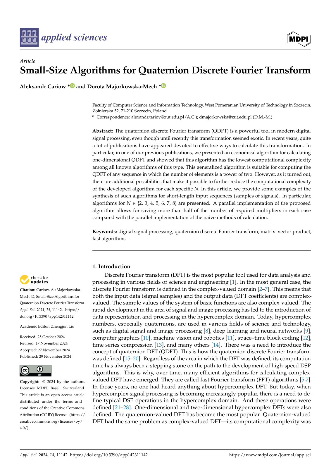 First page of Small-Size Algorithms for Quaternion Discrete Fourier Transform