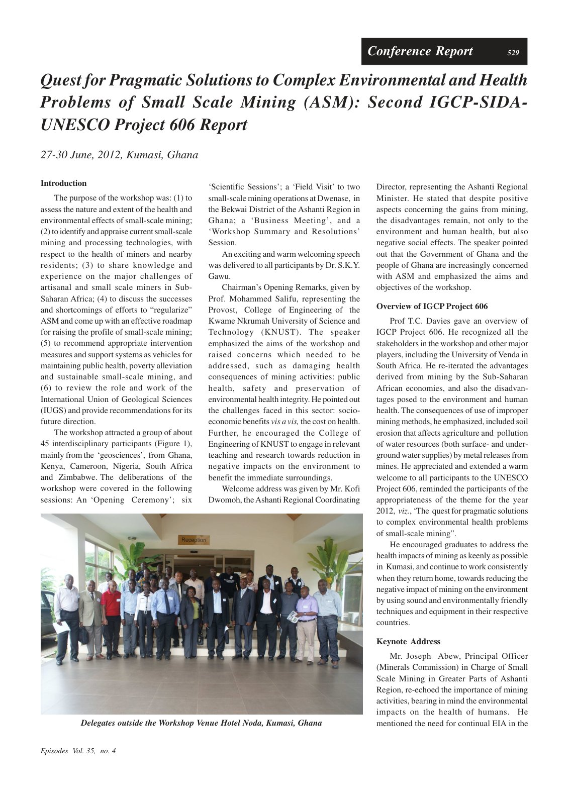 First page of Quest for Pragmatic Solutions to Complex Environmental and Health Problems of Small Scale Mining (ASM): Second IGCP-SIDA-UNESCO Project 606 Report