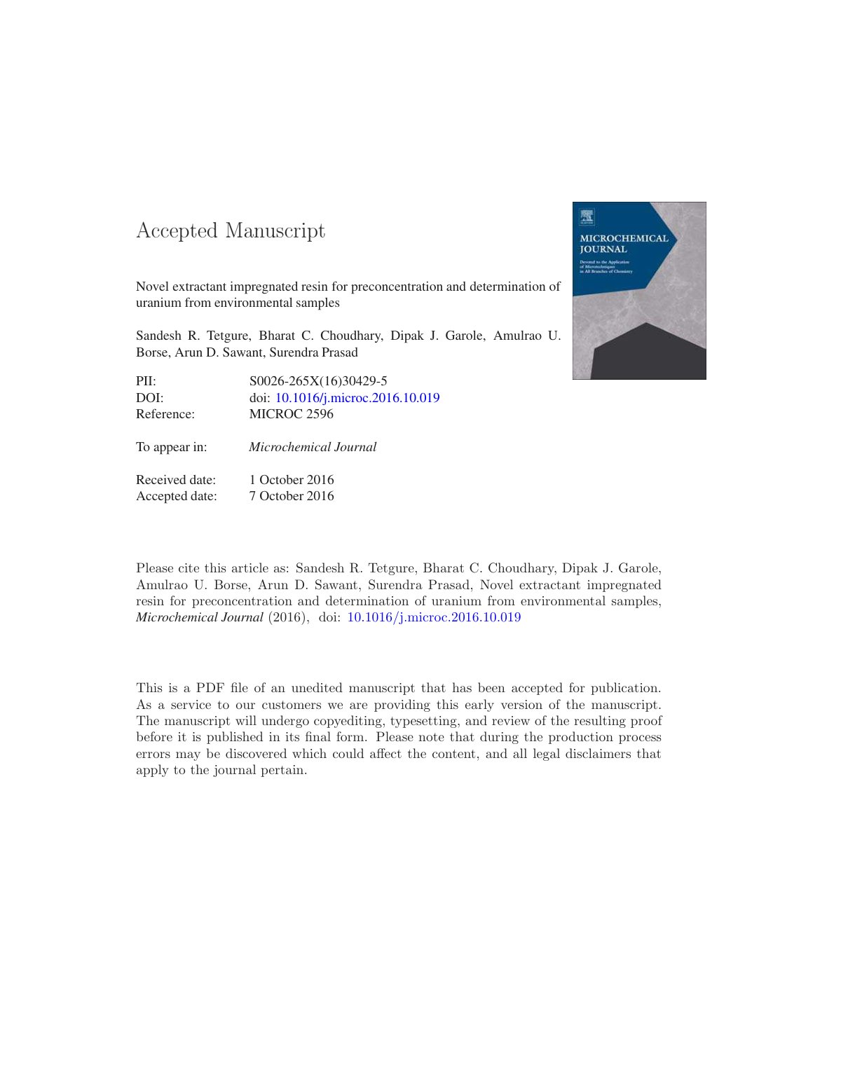 First page of Novel extractant impregnated resin for preconcentration and determination of uranium from environmental samples