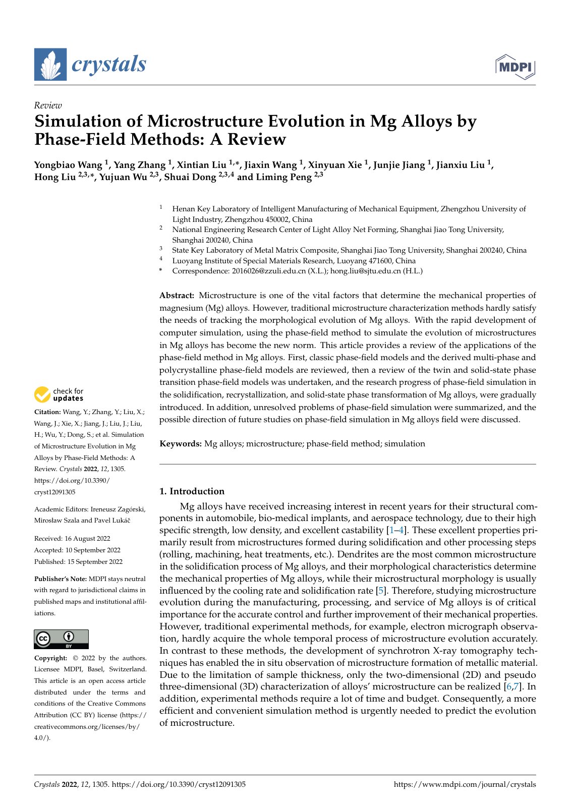 First page of Simulation of Microstructure Evolution in Mg Alloys by Phase-Field Methods: A Review