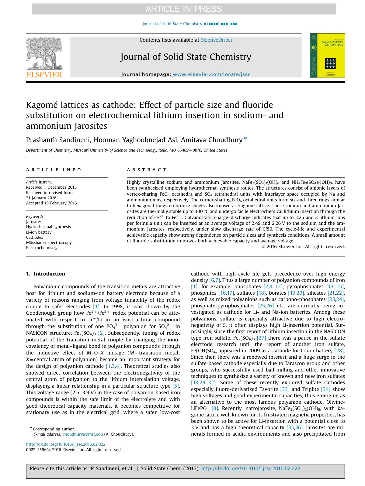 First page of Kagomé lattices as cathode: Effect of particle size and fluoride substitution on electrochemical lithium insertion in sodium- and ammonium Jarosites