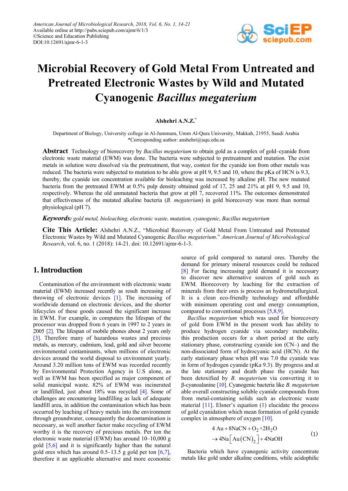 First page of Microbial Recovery of Gold Metal From Un