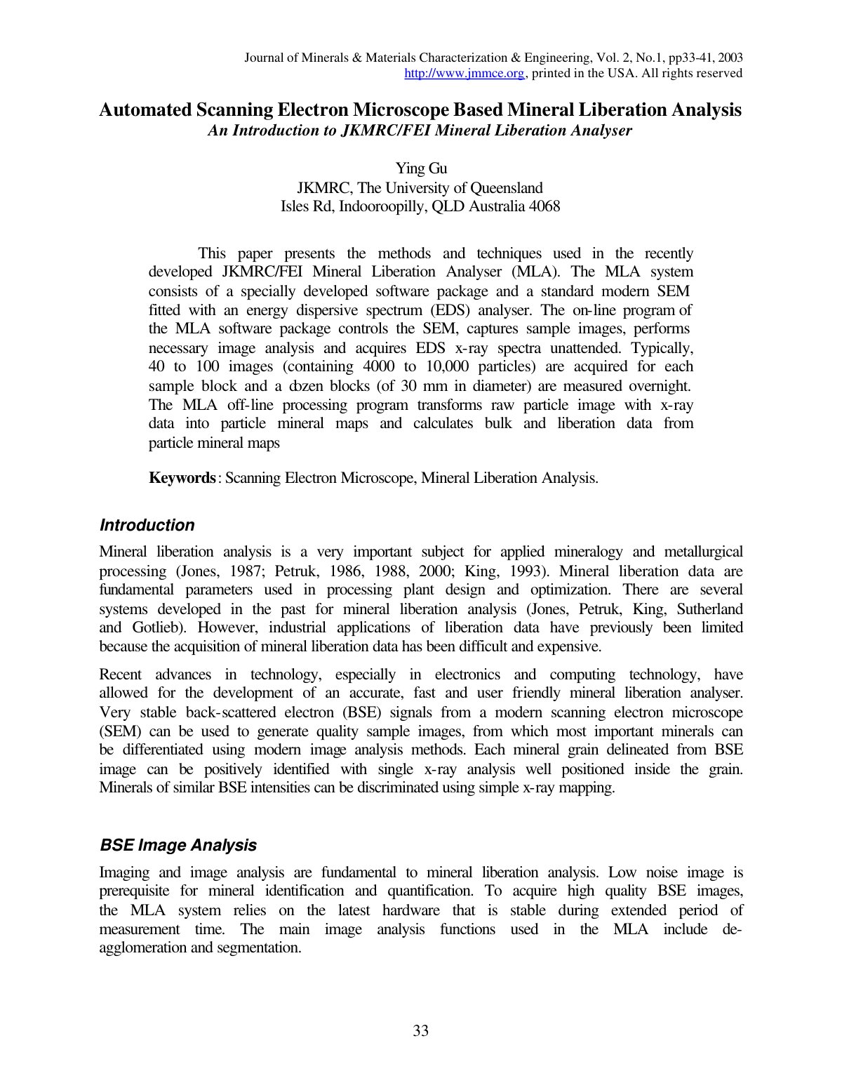First page of SEM based mineral liberation analysis