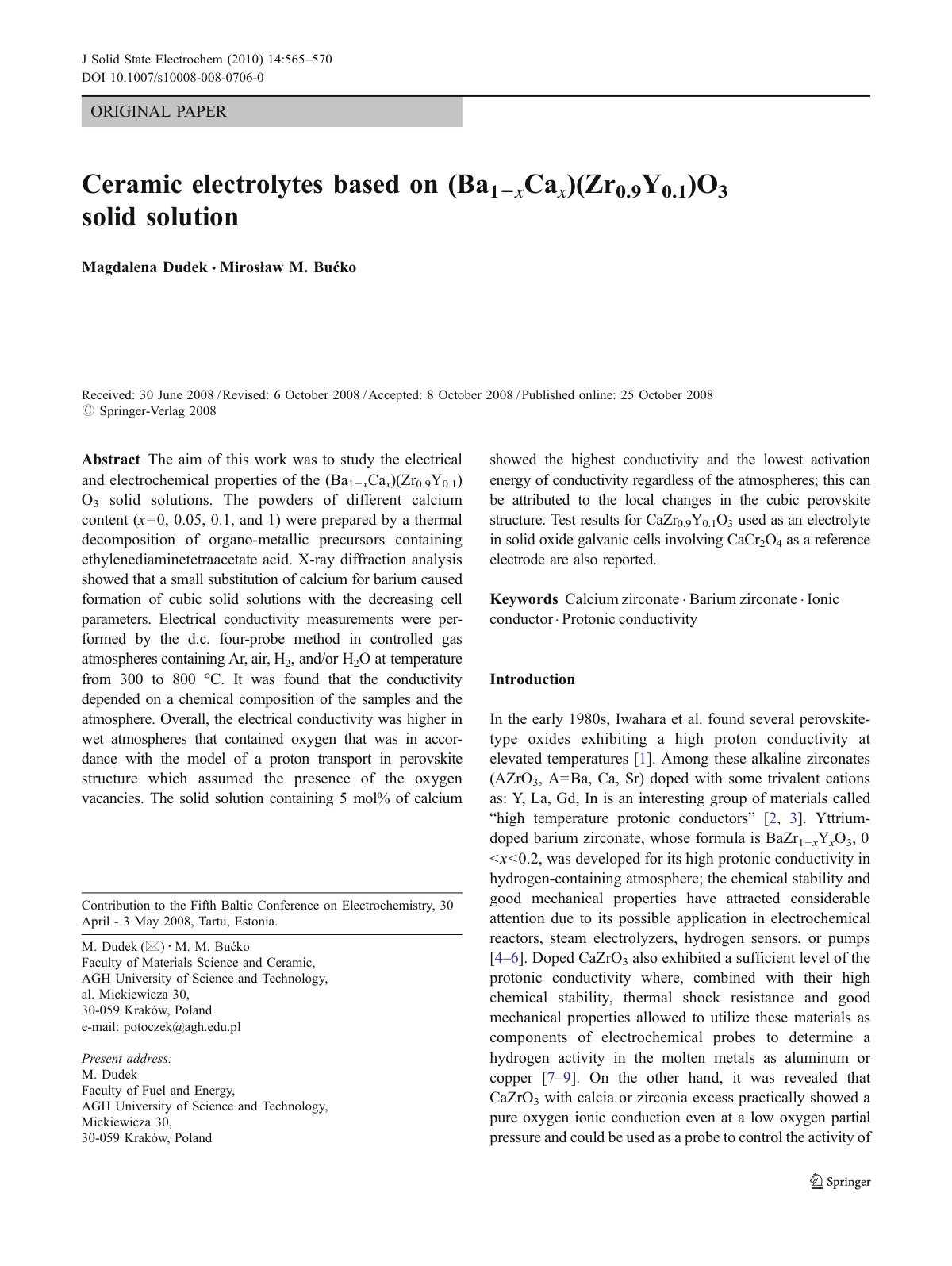 First page of Ceramic electrolytes based on Ba1 x Ca x