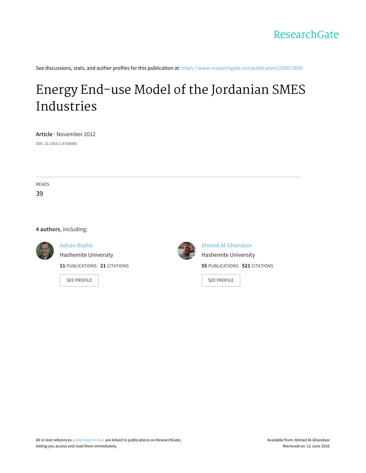 First page of Energy end use model of the Jordanian SM