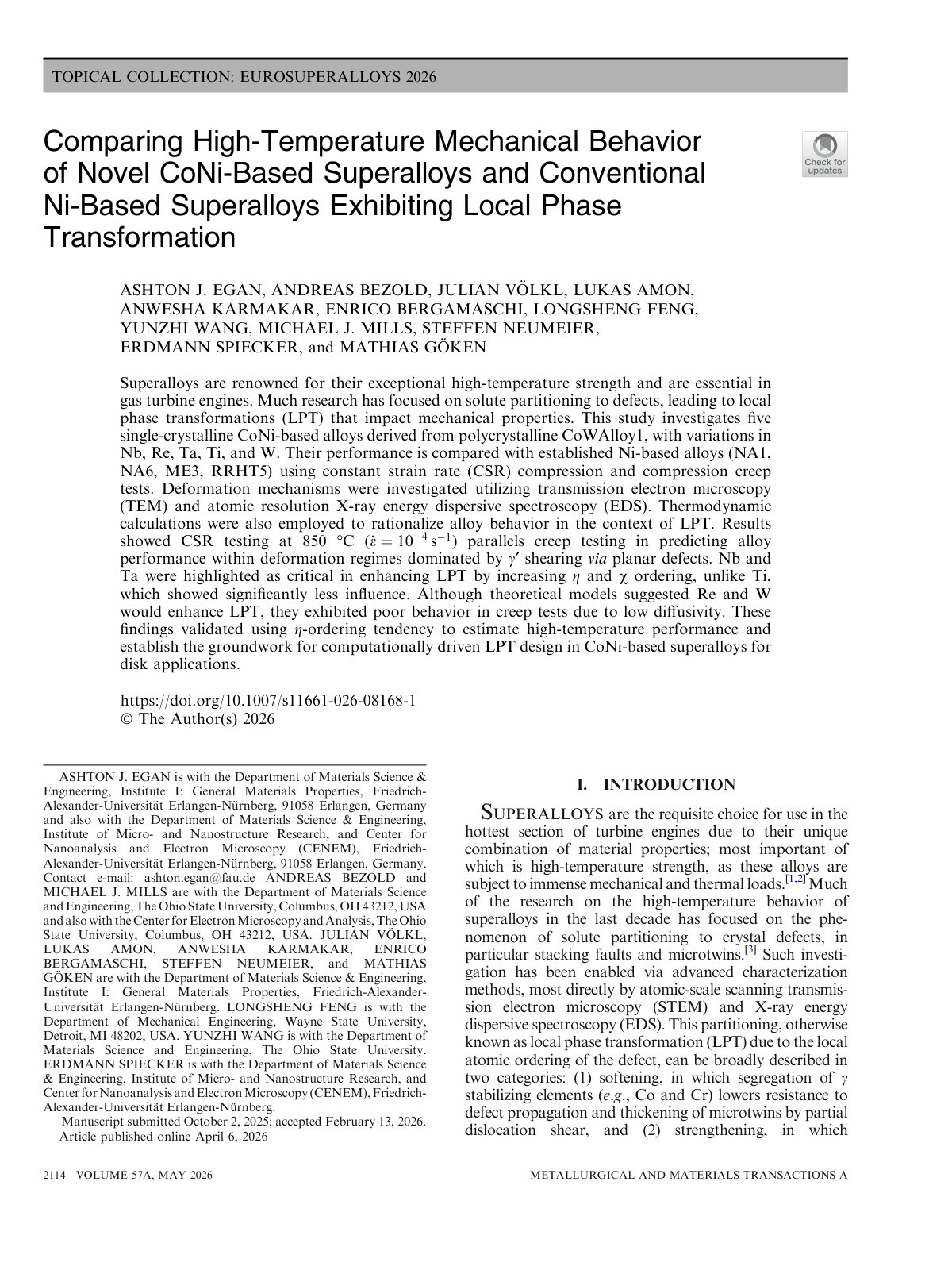 First page of 2026 Egan CoNi Ni Superalloy High Temperature Behavior 10.1007 s11661 026 08168 1