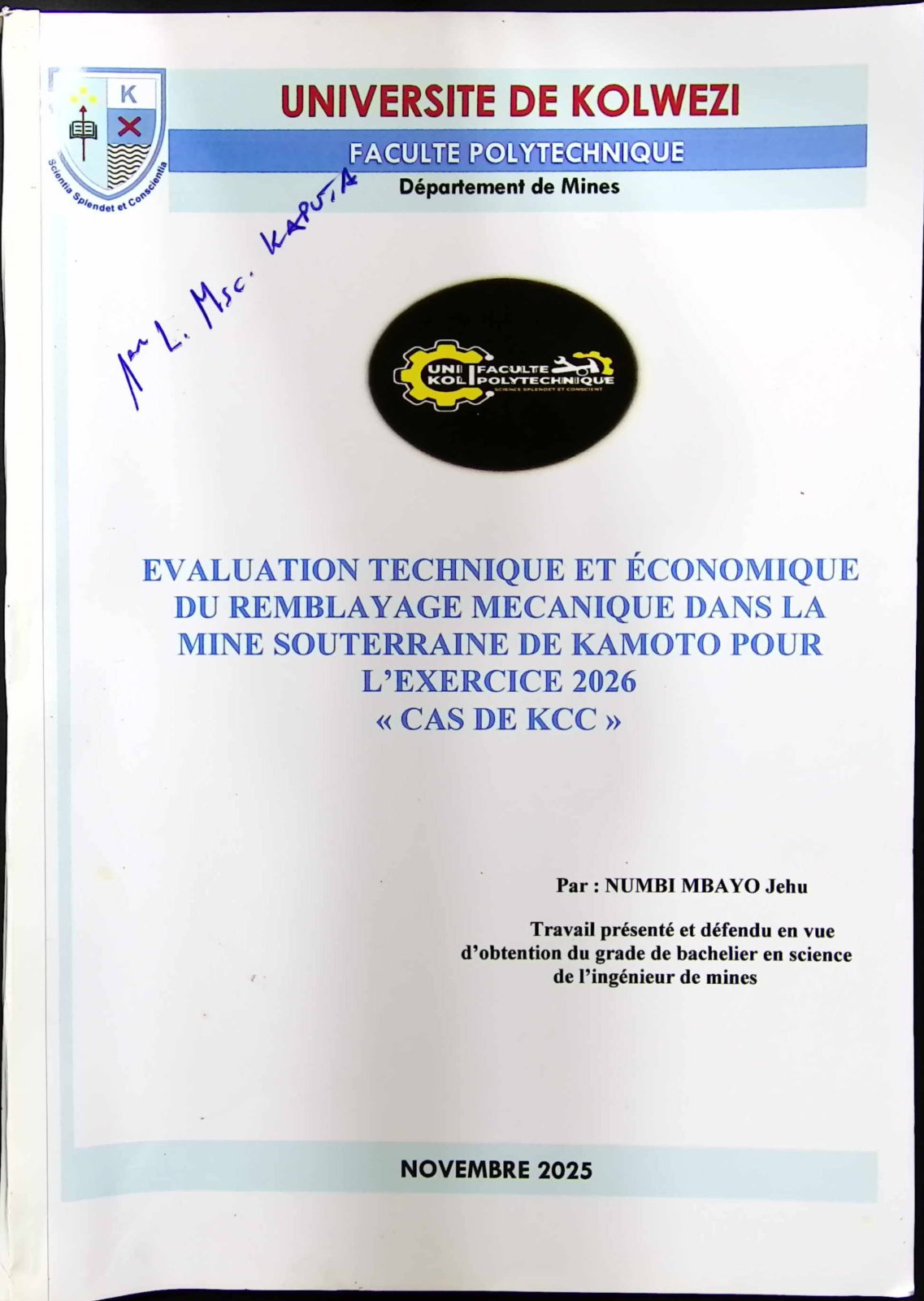 First page of EVALUATION TECHNIQUE ET ÉCONOMIQUE DU REMBLAYAGE MECANIQUE DANS LA MINE SOUTERRAINE DE KAMOTO POUR L’EXERCICE 2026 « CAS DE KCC »