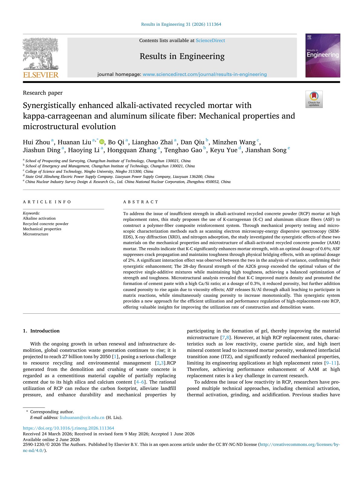 First page of Synergistically enhanced alkali activated recycled mortar with 2026 Results 