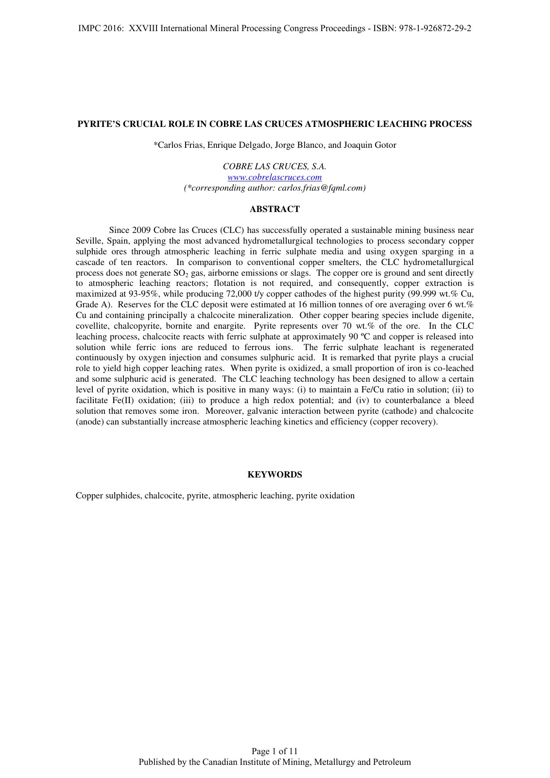First page of PYRITE’S CRUCIAL ROLE IN COBRE LAS CRUCES ATMOSPHERIC LEACHING PROCESS