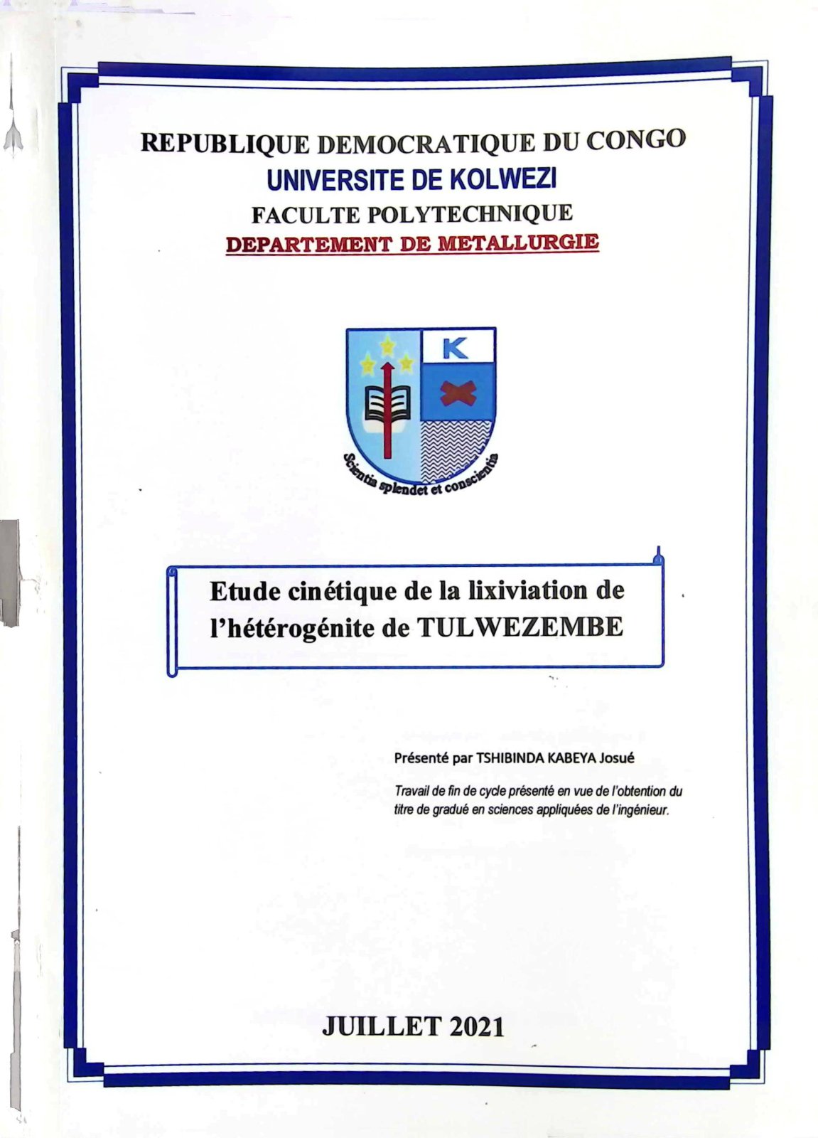 First page of Etude cinetique de la lixiviation de l'heterogenite de TUL WEZEMBE