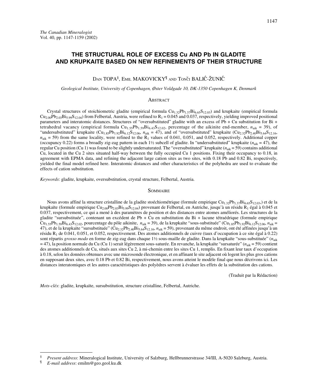First page of THE STRUCTURAL ROLE OF EXCESS Cu AND Pb IN GLADITE AND KRUPKAITE BASED ON NEW REFINEMENTS OF THEIR STRUCTURE