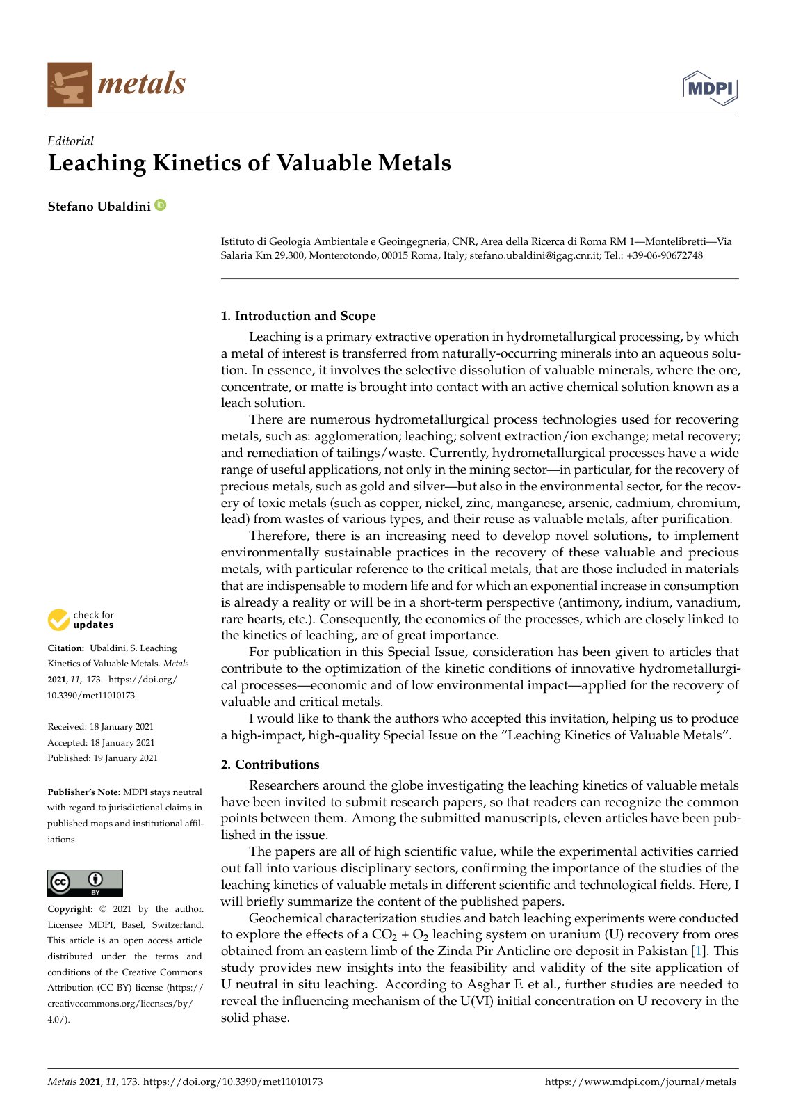 First page of Leaching Kinetics of Valuable Metals