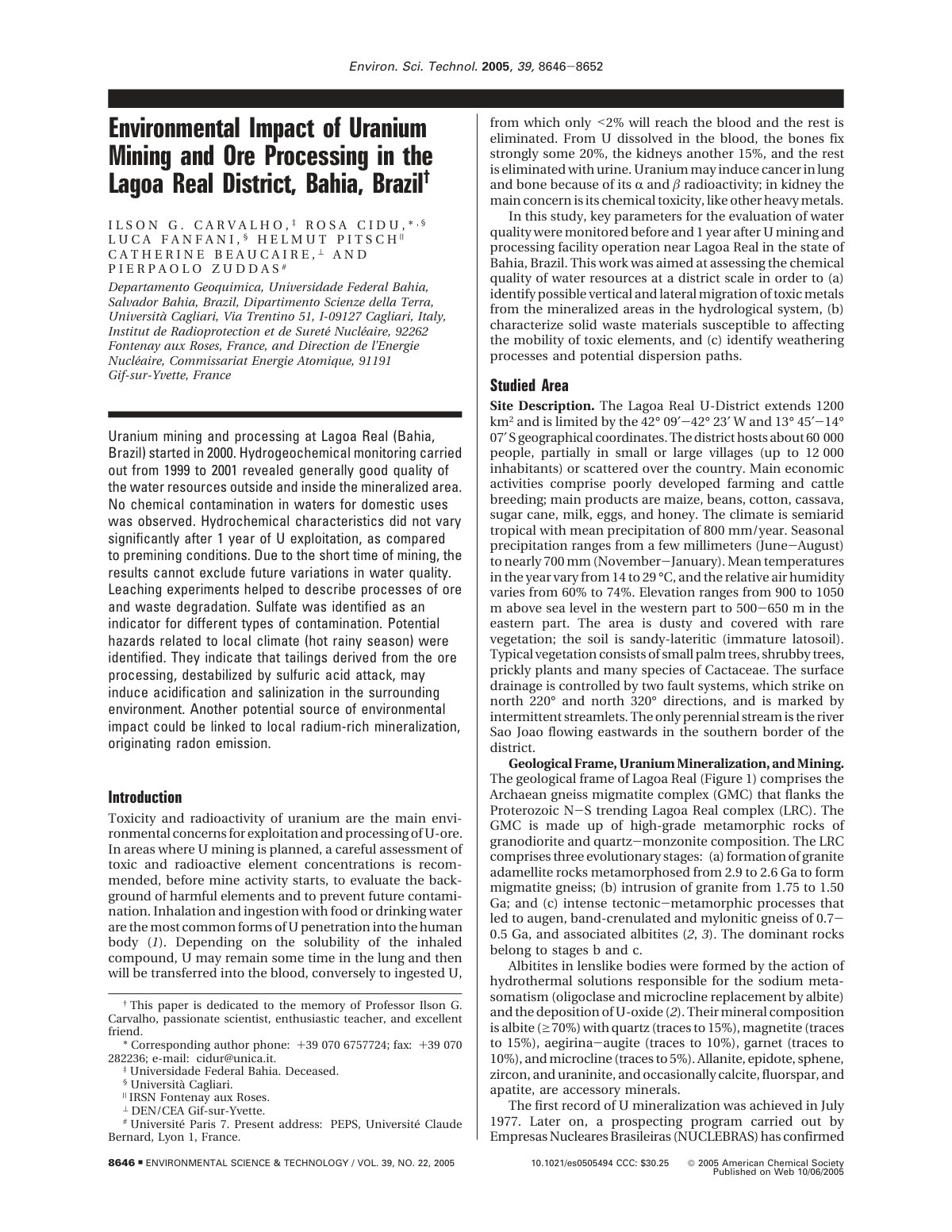 First page of Environmental Impact of Uranium Mining and Ore Processing in the Lagoa Real District, Bahia, Brazil