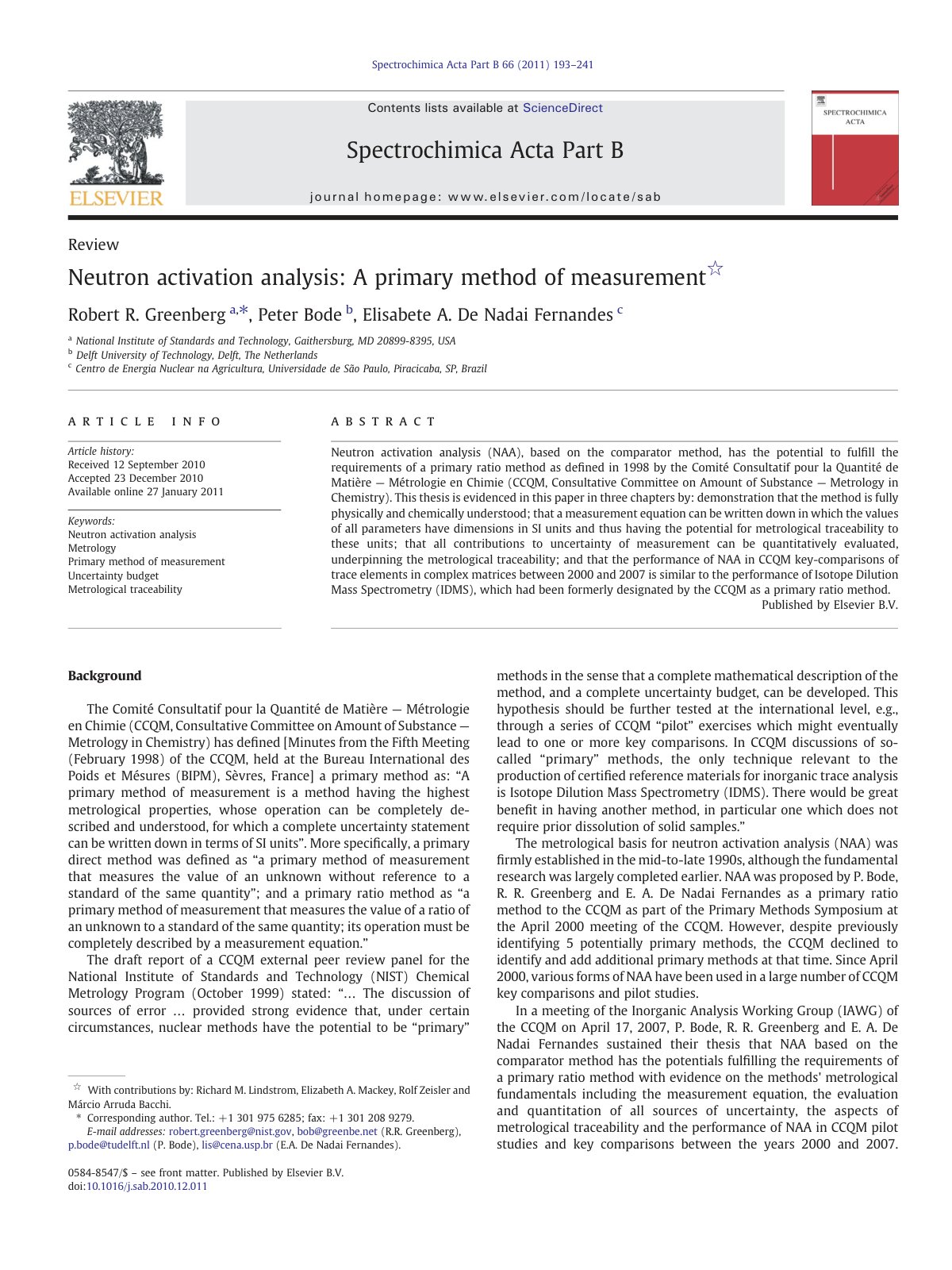 First page of Neutron activation analysis: A primary method of measurement