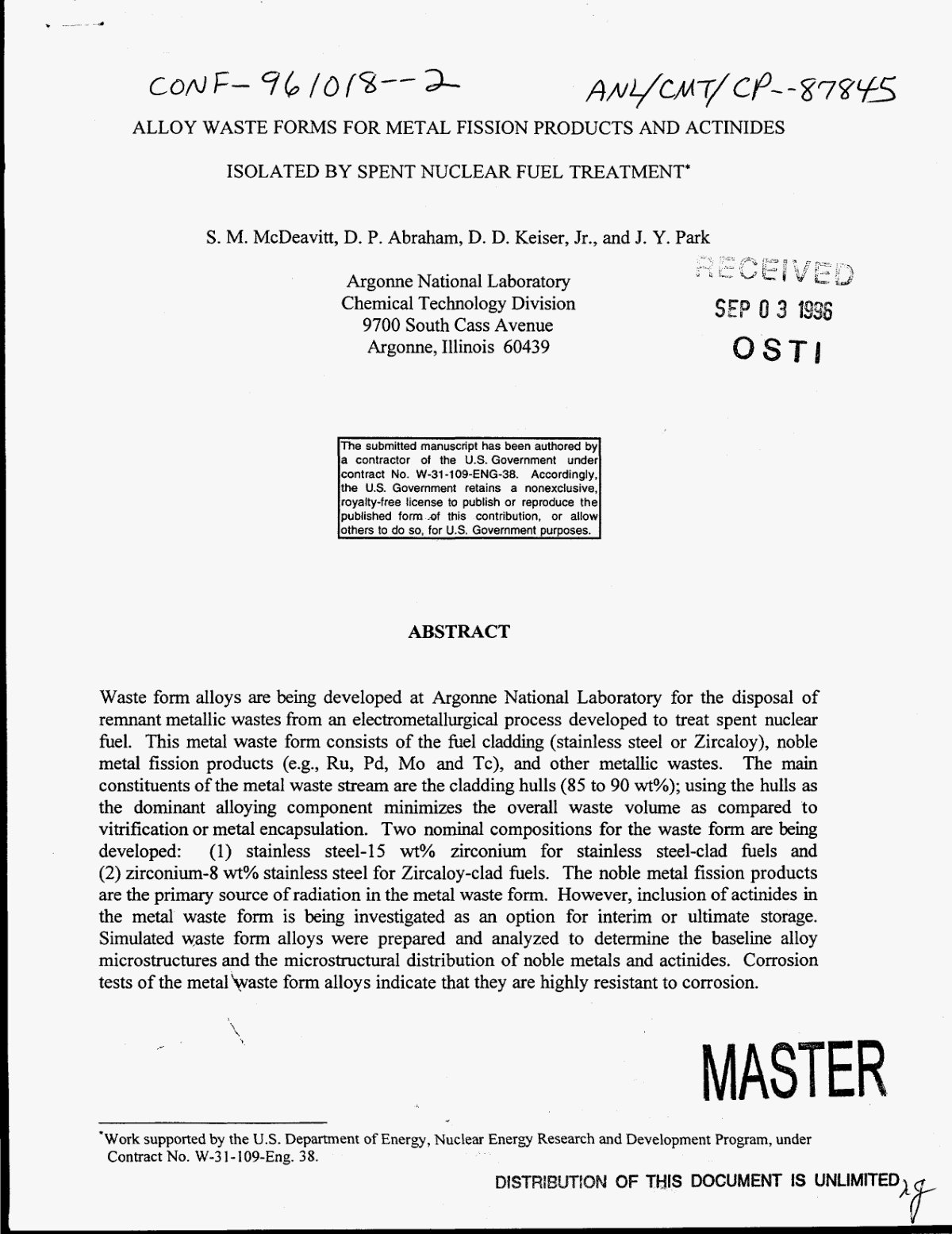 First page of Stainless steel zirconium alloy waste fo
