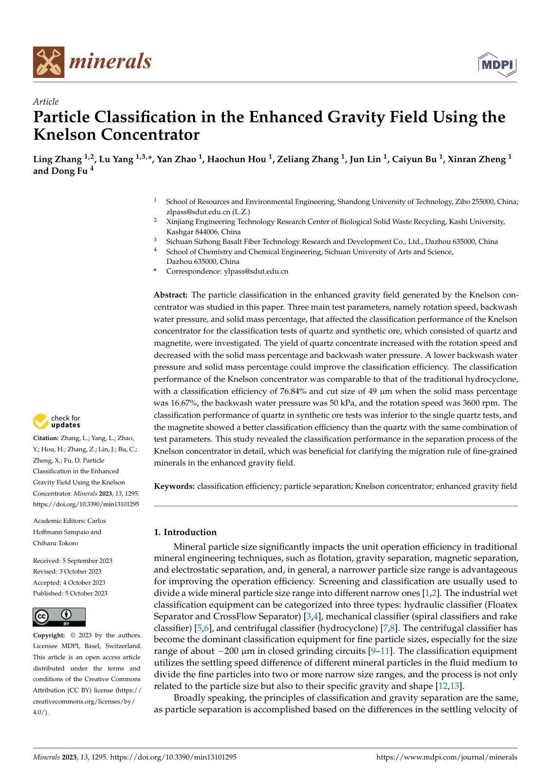 First page of Particle Classification in the Enhanced Gravity Field Using the Knelson Concentrator