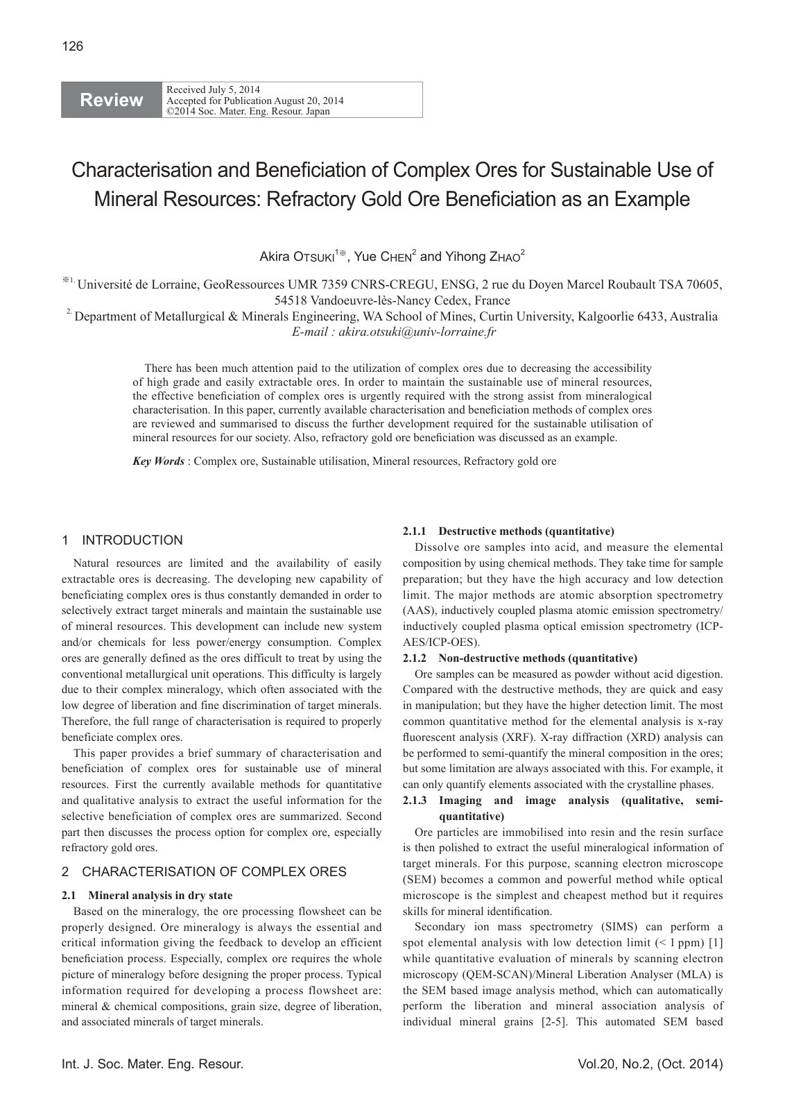 First page of Characterisation and Beneficiation of Complex Ores for Sustainable Use of Mineral Resources