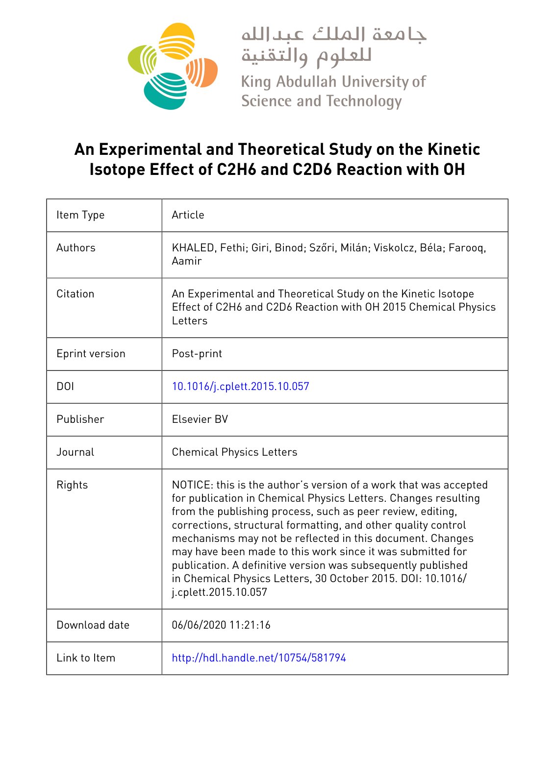 First page of An Experimental and Theoretical Study on the Kinetic Isotope Effect of C2H6 and C2D6 Reaction with OH
