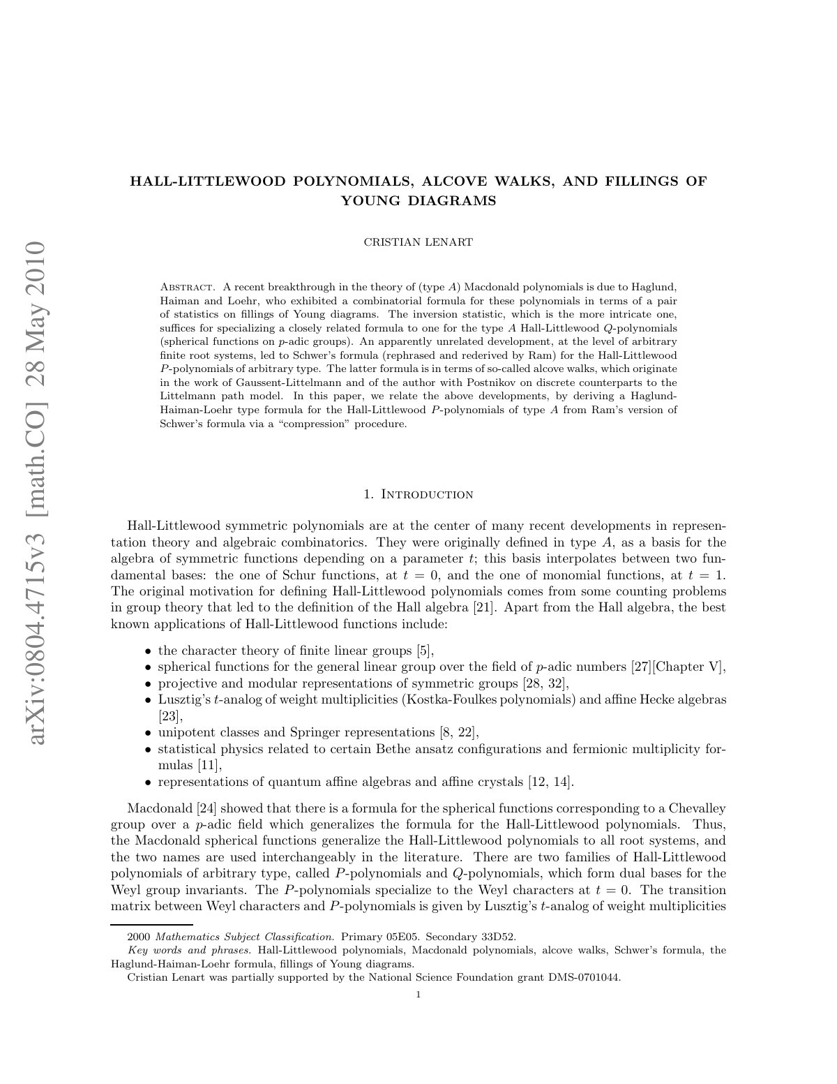 First page of Hall Littlewood polynomials alcove walks