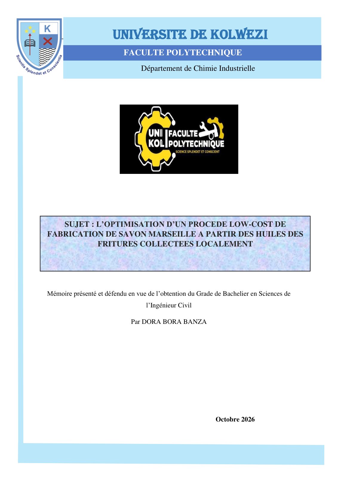 First page of L’OPTIMISATION D’UN PROCEDE LOW-COST DE FABRICATION DE SAVON MARSEILLE A PARTIR DES HUILES DES FRITURES COLLECTEES LOCALEMENT