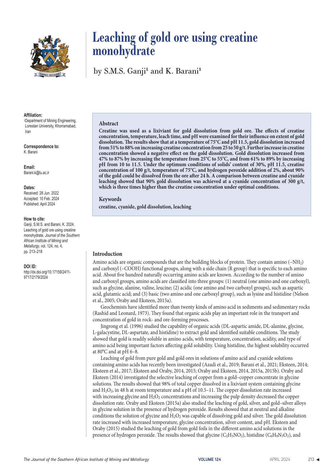 First page of Leaching of gold ore using creatine monohydrate