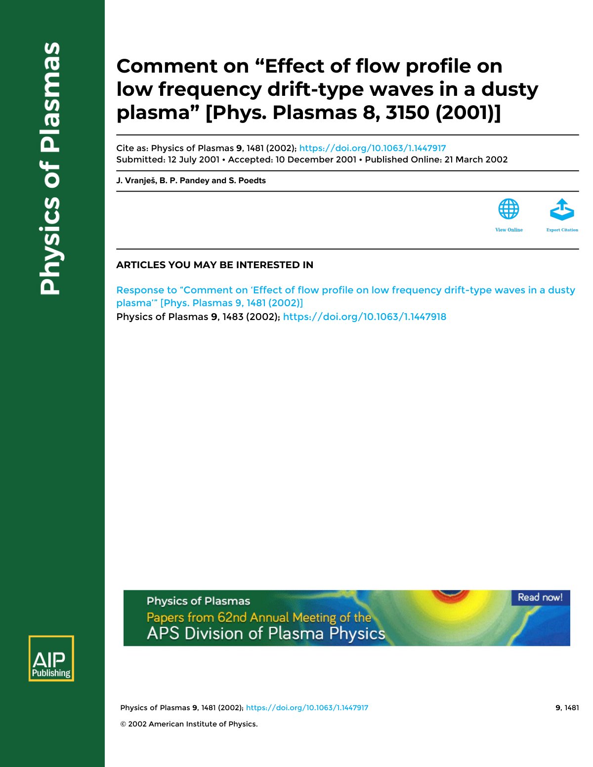 First page of Comment on Effect of flow profile on low