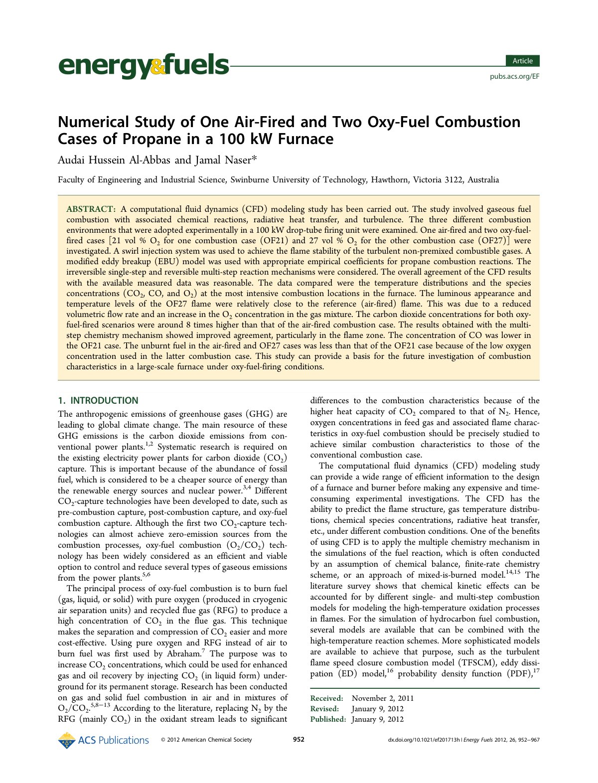 First page of Numerical Study of One Air Fired and Two