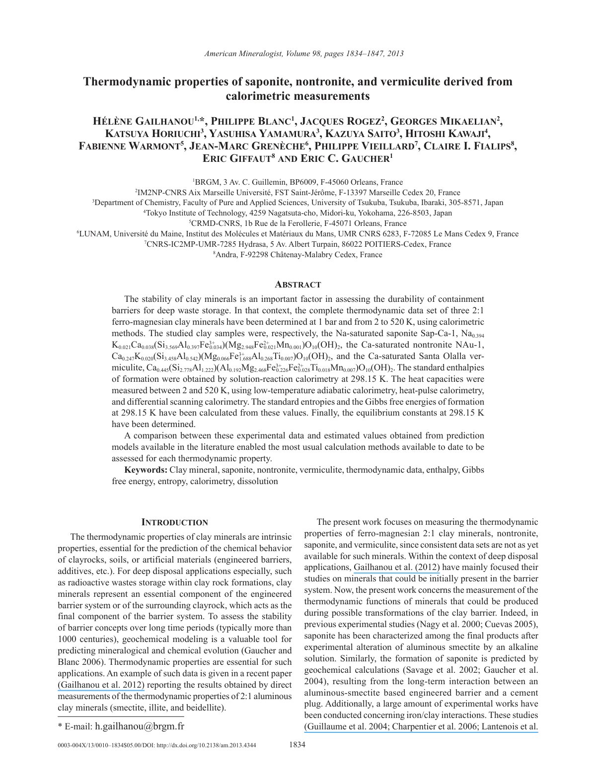 First page of Thermodynamic properties of saponite, nontronite, and vermiculite derived from calorimetric measurements
