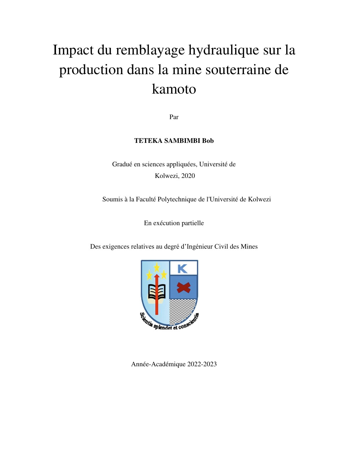 First page of Impact du remblayage hydraulique sur la production dans la mine souterraine de kamoto