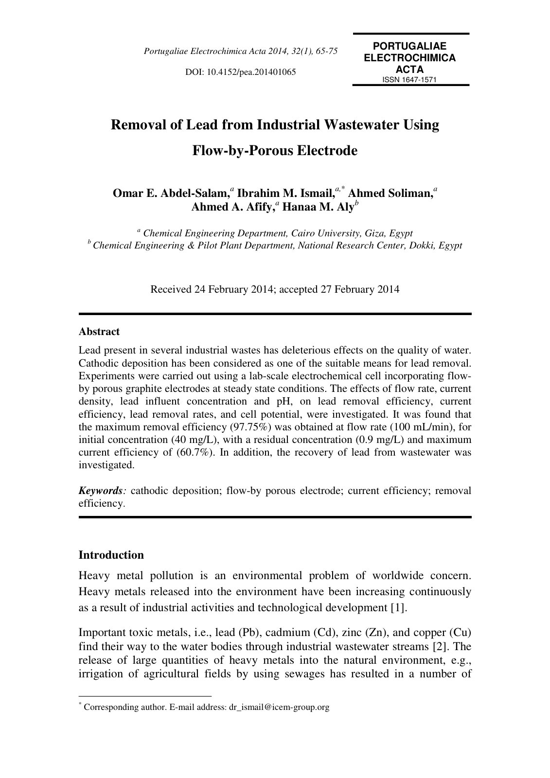 First page of Removal of Lead from Industrial Wastewat