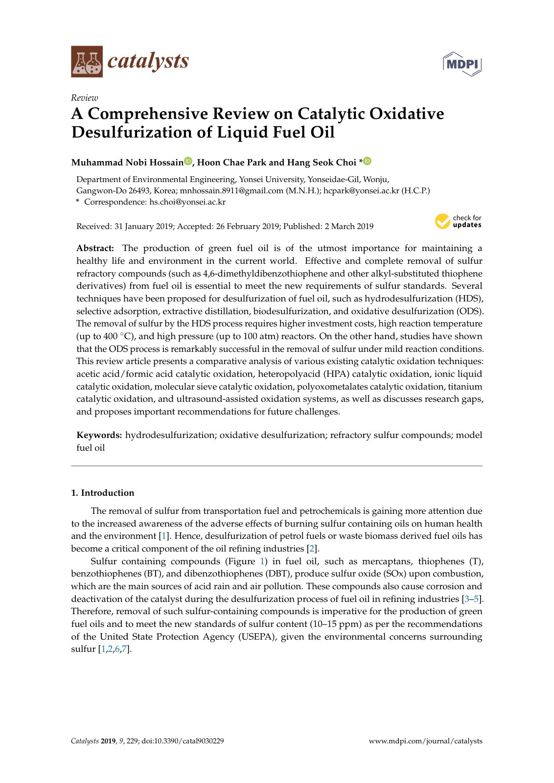First page of A Comprehensive Review on Catalytic Oxidative Desulfurization of Liquid Fuel Oil