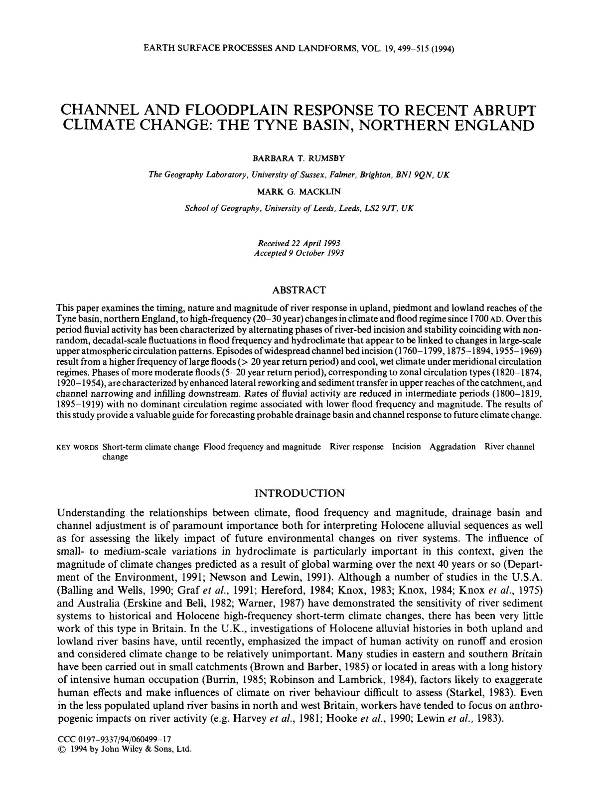 First page of CHANNEL AND FLOODPLAIN RESPONSE TO RECENT ABRUPT CLIMATE CHANGE: THE TYNE BASIN, NORTHERN ENGLAND