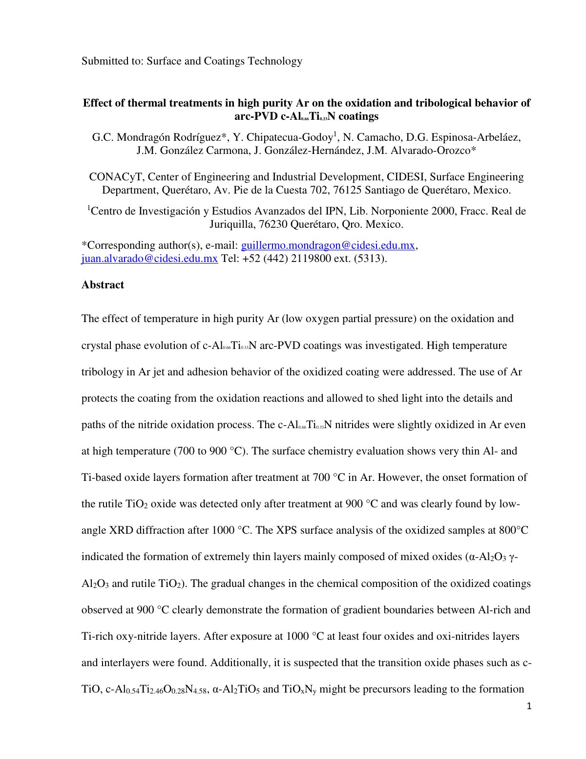 First page of 2019 Mondragon Rodriguez Arc PVD AlTiN Oxidation Tribology