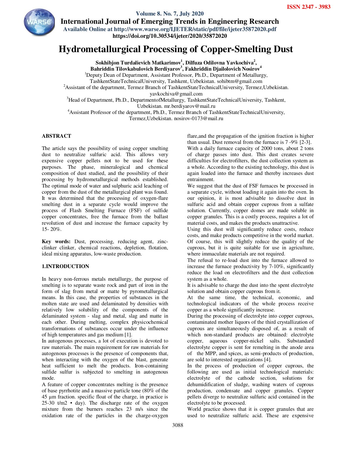 First page of Hydrometallurgical Processing of Copper