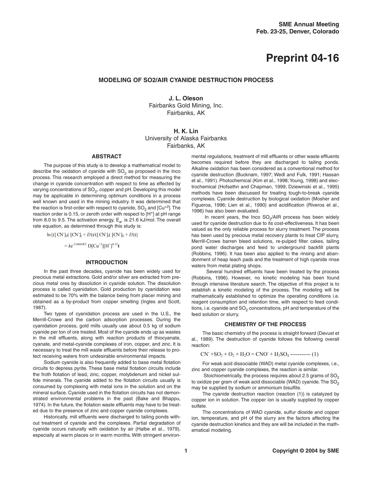 First page of Modeling Of So2 Air Cyanide Destruction Process
