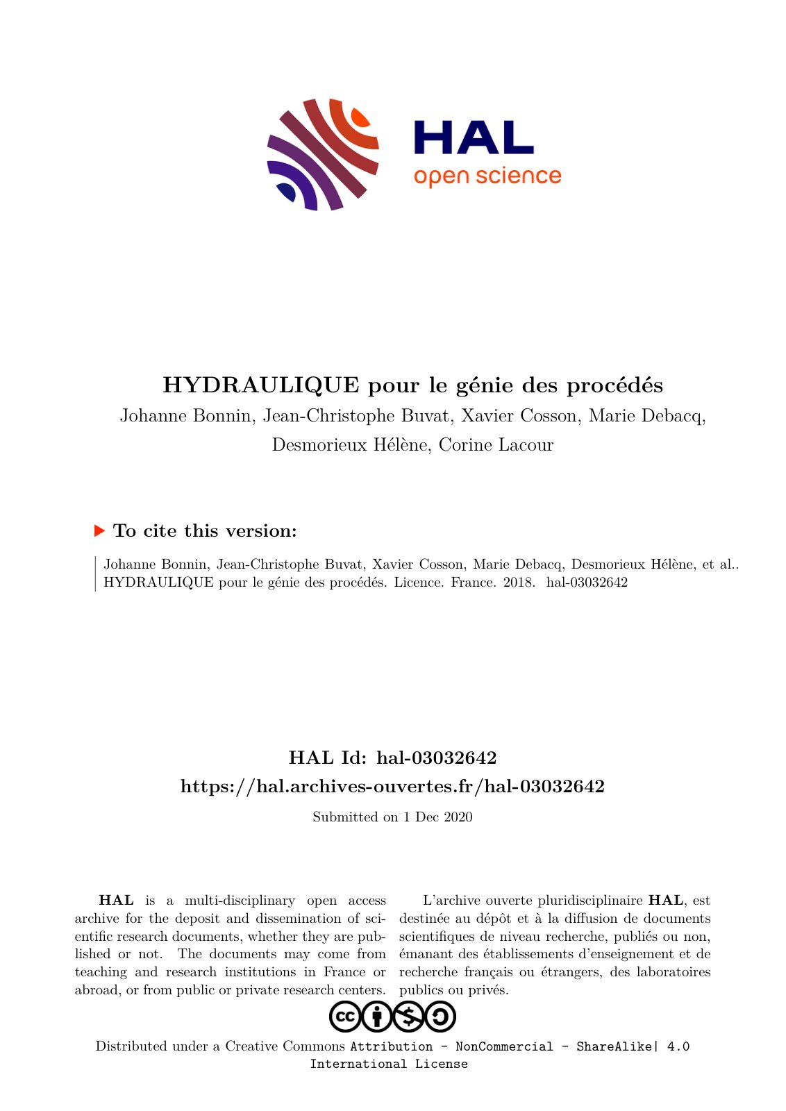 First page of HYDRAULIQUE pour le genie des procedes