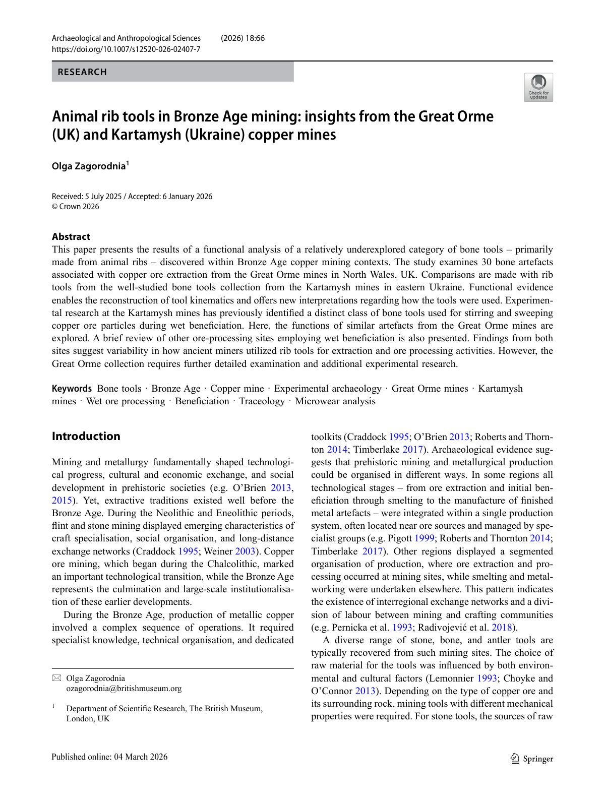 First page of Animal rib tools in Bronze Age mining insights fro