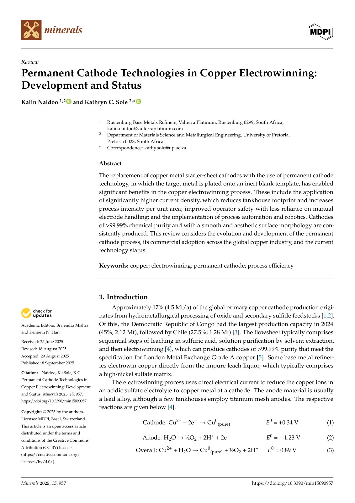 First page of Permanent Cathode Technologies in Copper Electrowinning: Development and Status