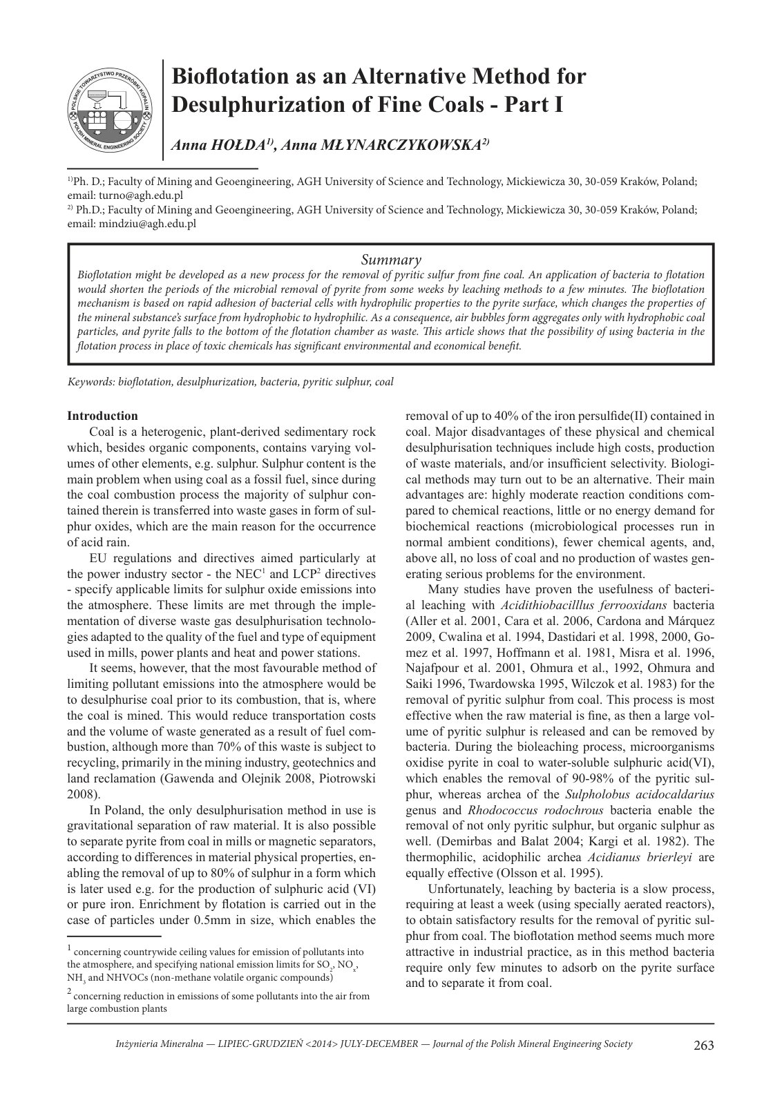 First page of Bioflotation as an Alternative Method fo