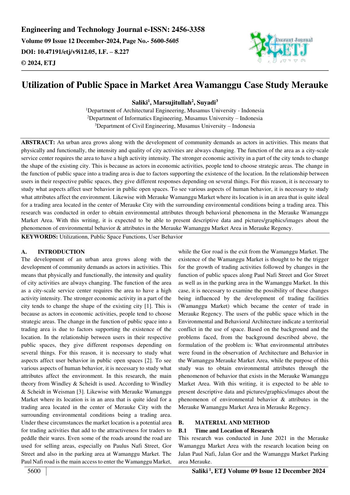 First page of Utilization of Public Space in Market Area Wamanggu Case Study Merauke  
