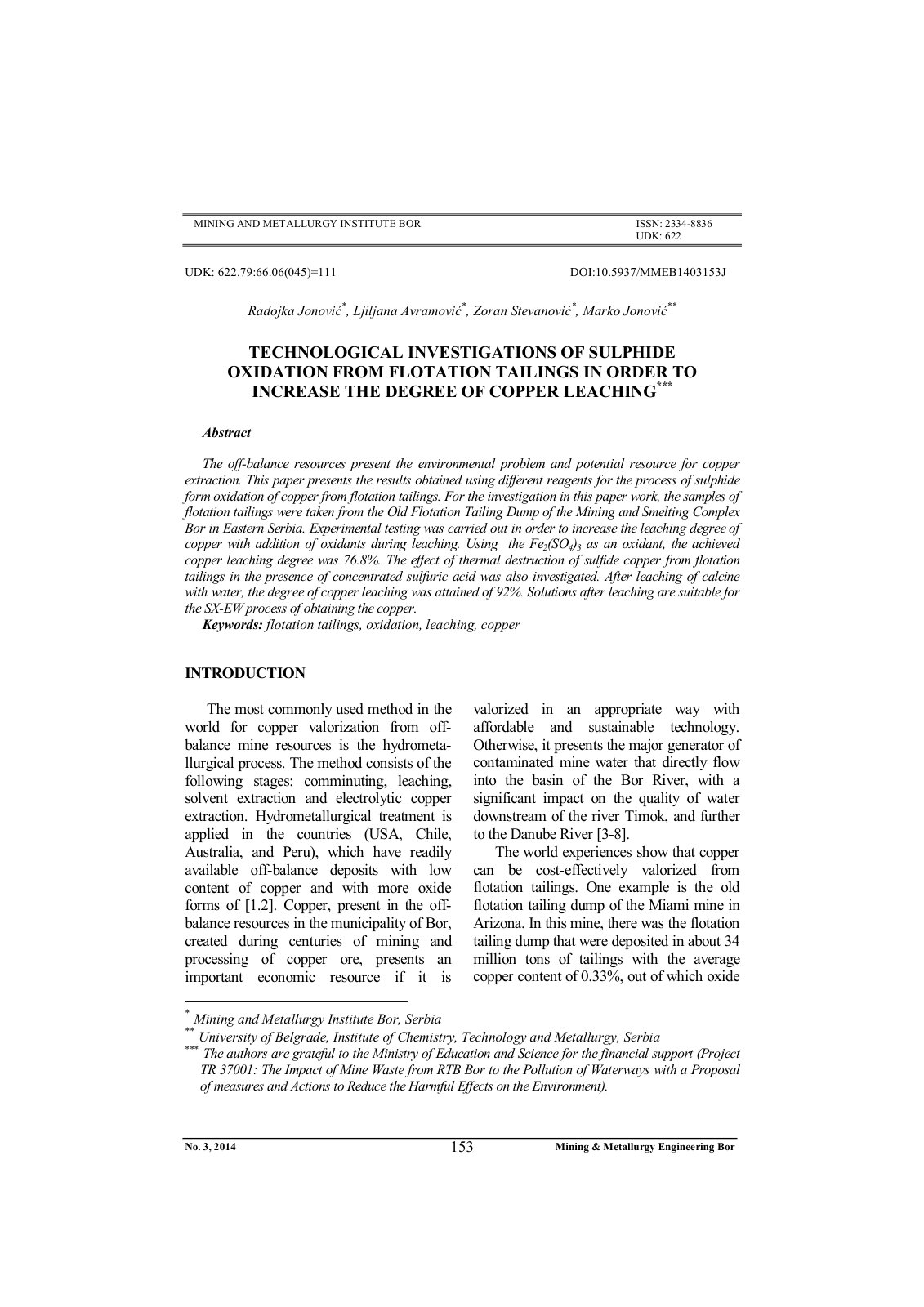 First page of Technological Investigations of Sulphide Oxidation from Flotation Tailings in Order to Increase the Degree of Copper Leaching