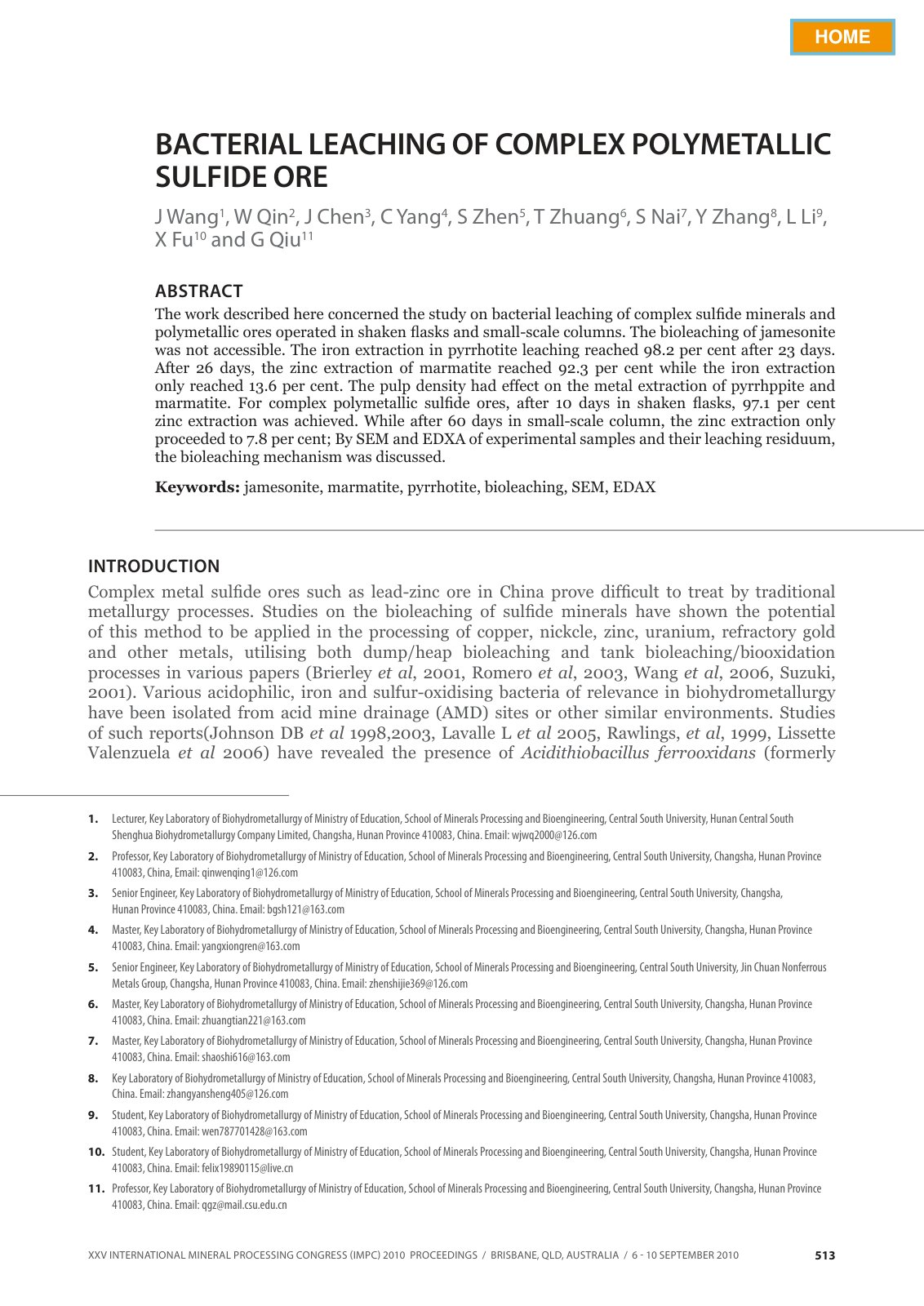 First page of XXV INTERNATIONAL MINERAL PROCESSING CONGRESS (IMPC) 2010
