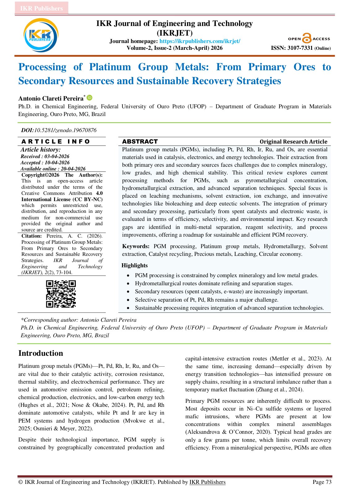 First page of Processing of Platinum Group Metals: From Primary Ores to Secondary Resources and Sustainable Recovery Strategies
