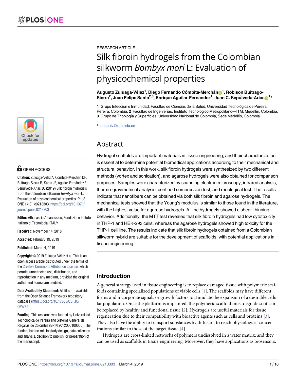 First page of Silk fibroin hydrogels from the Colombia