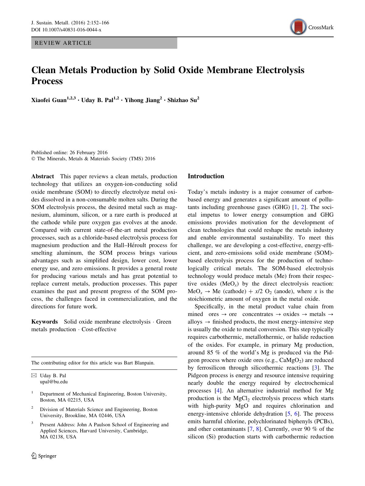First page of Clean Metals Production by Solid Oxide Membrane Electrolysis Process